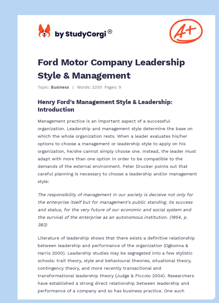 Ford Motor Company Leadership Style & Management. Page 1