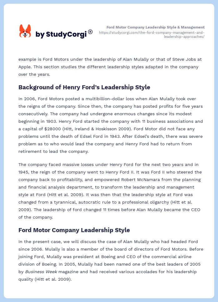 Ford Motor Company Leadership Style & Management. Page 2