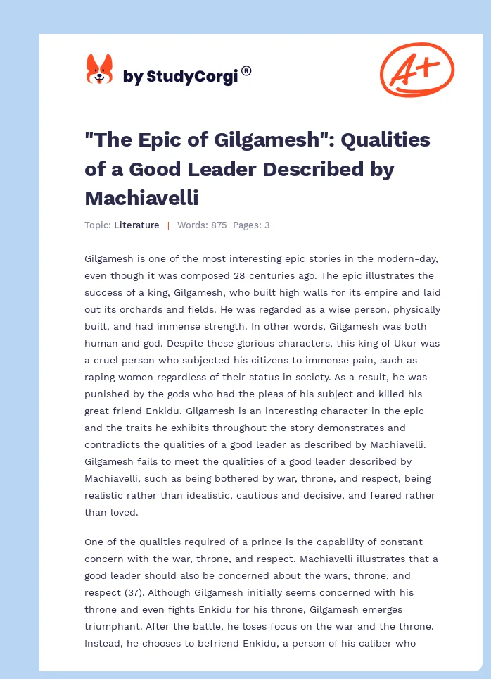 "The Epic of Gilgamesh": Qualities of a Good Leader Described by Machiavelli. Page 1