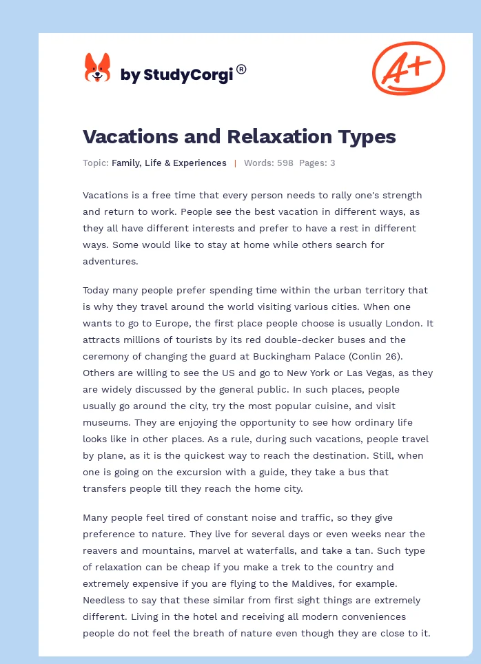 Vacations and Relaxation Types. Page 1
