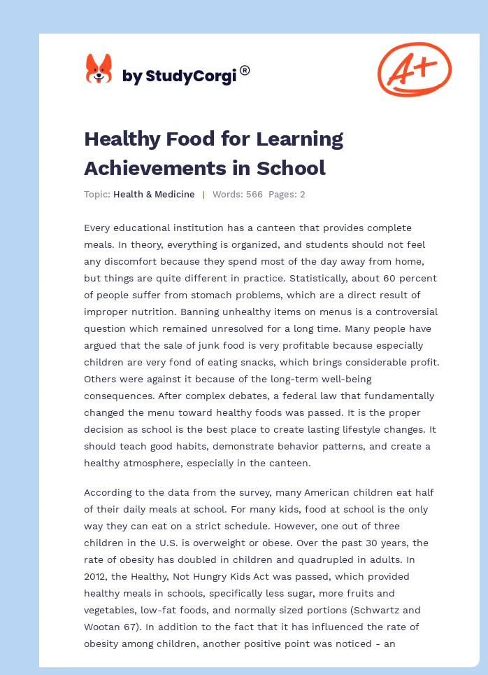 Healthy Food for Learning Achievements in School. Page 1