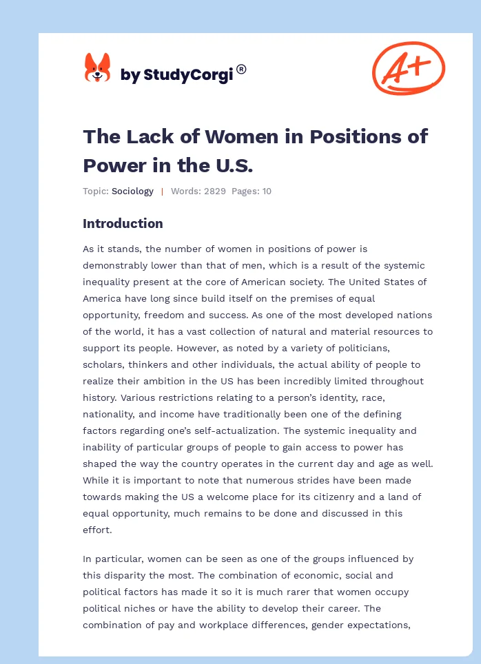 The Lack of Women in Positions of Power in the U.S.. Page 1