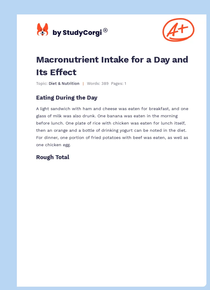 Macronutrient Intake for a Day and Its Effect. Page 1