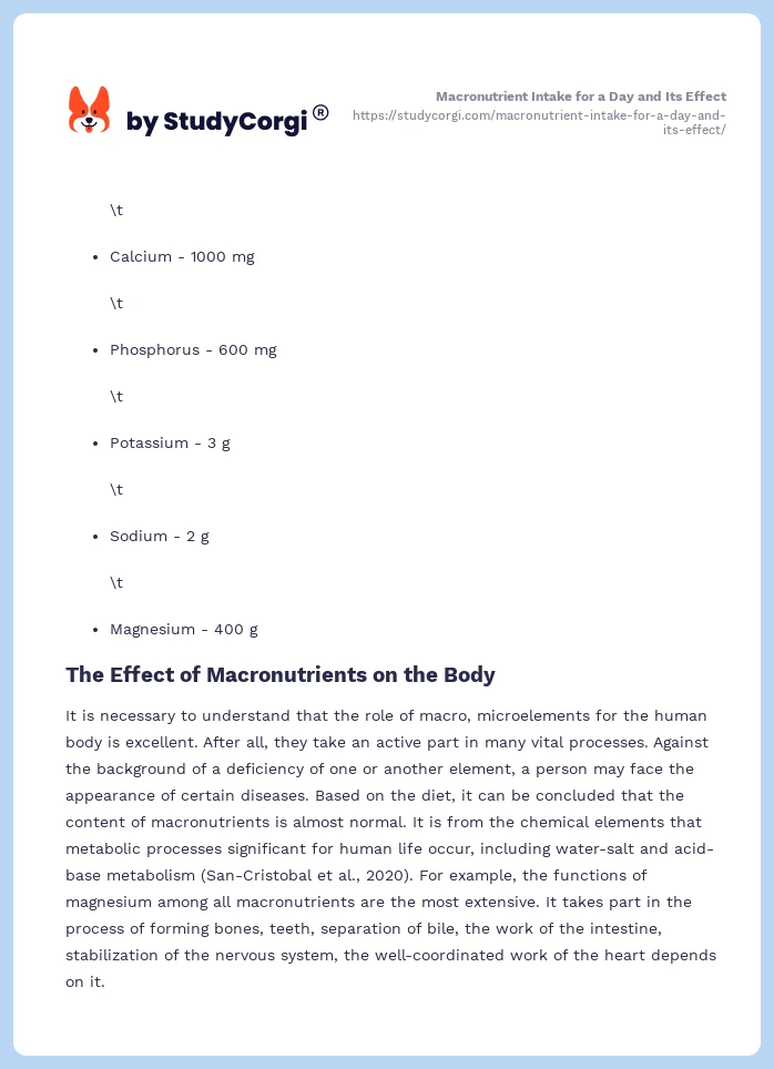 Macronutrient Intake for a Day and Its Effect. Page 2