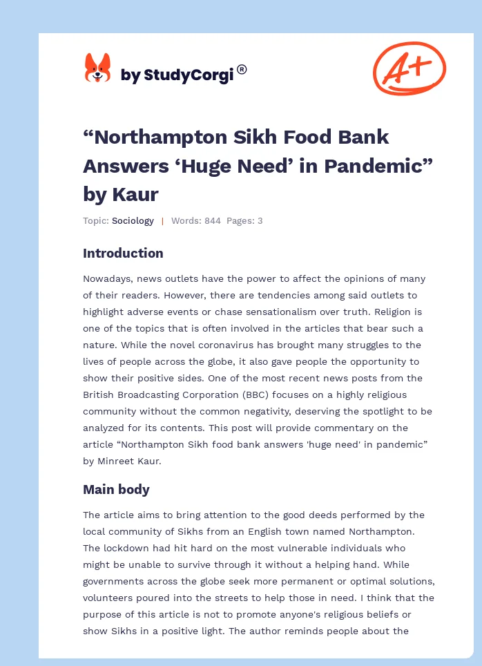 “Northampton Sikh Food Bank Answers ‘Huge Need’ in Pandemic” by Kaur. Page 1