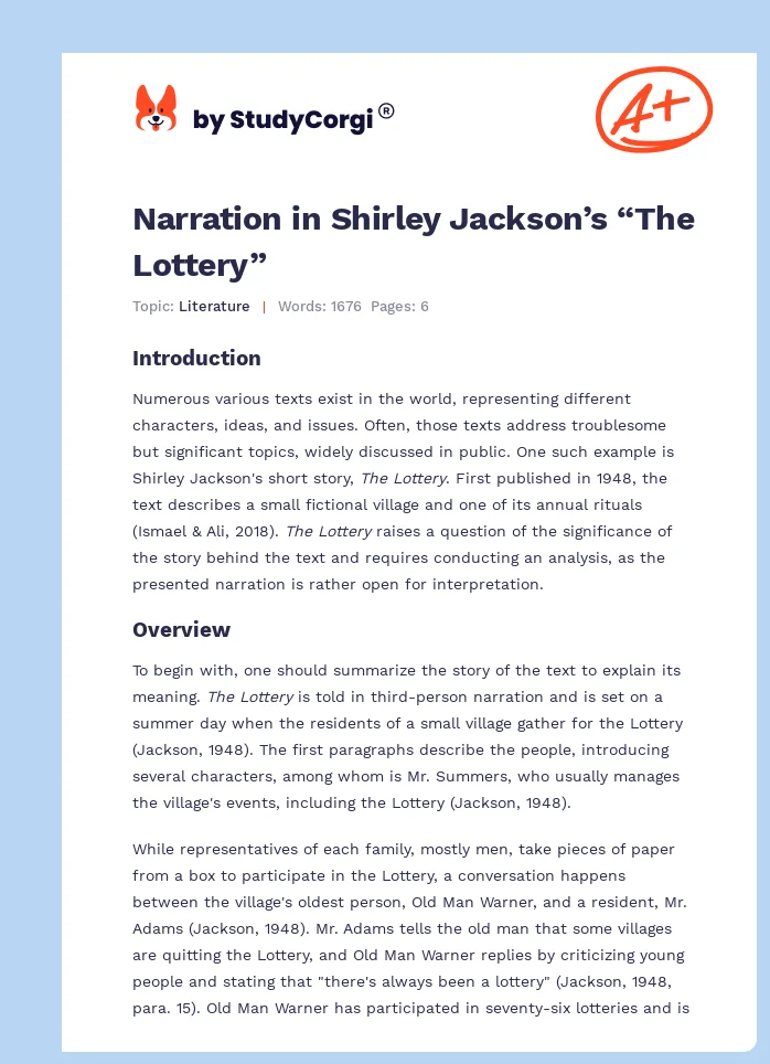 Narration in Shirley Jackson’s “The Lottery”. Page 1