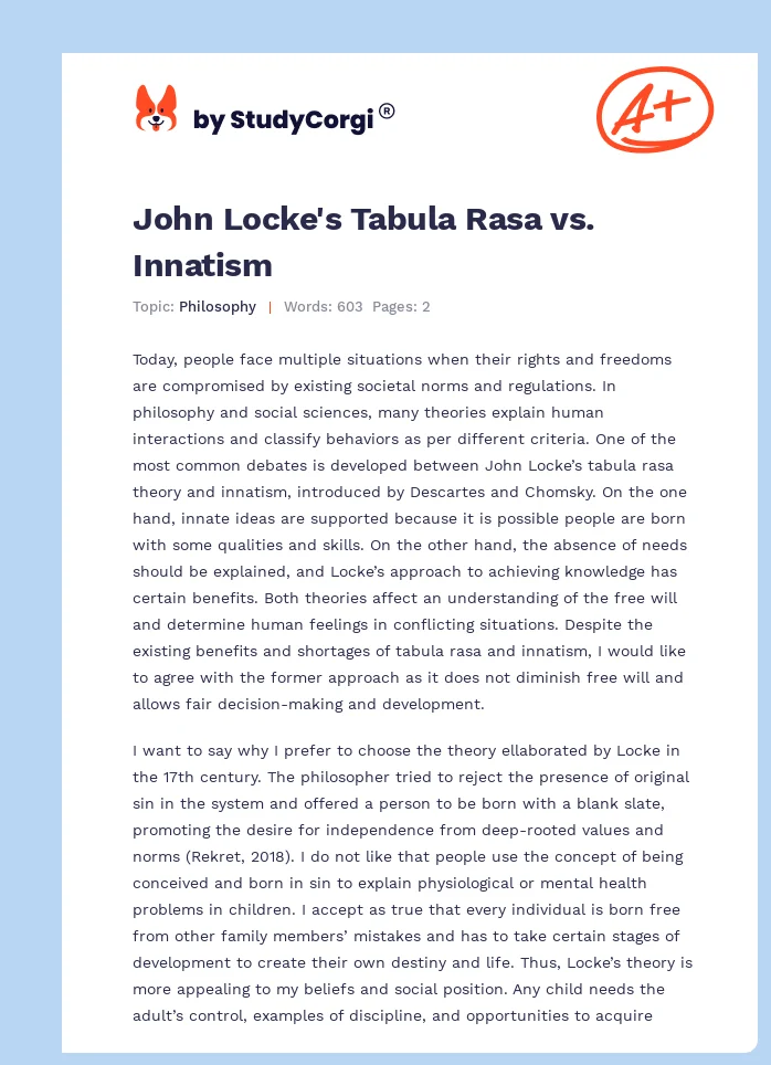 John Locke's Tabula Rasa vs. Innatism. Page 1