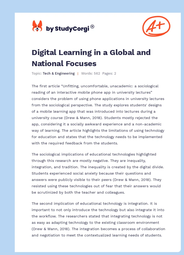 Digital Learning in a Global and National Focuses. Page 1