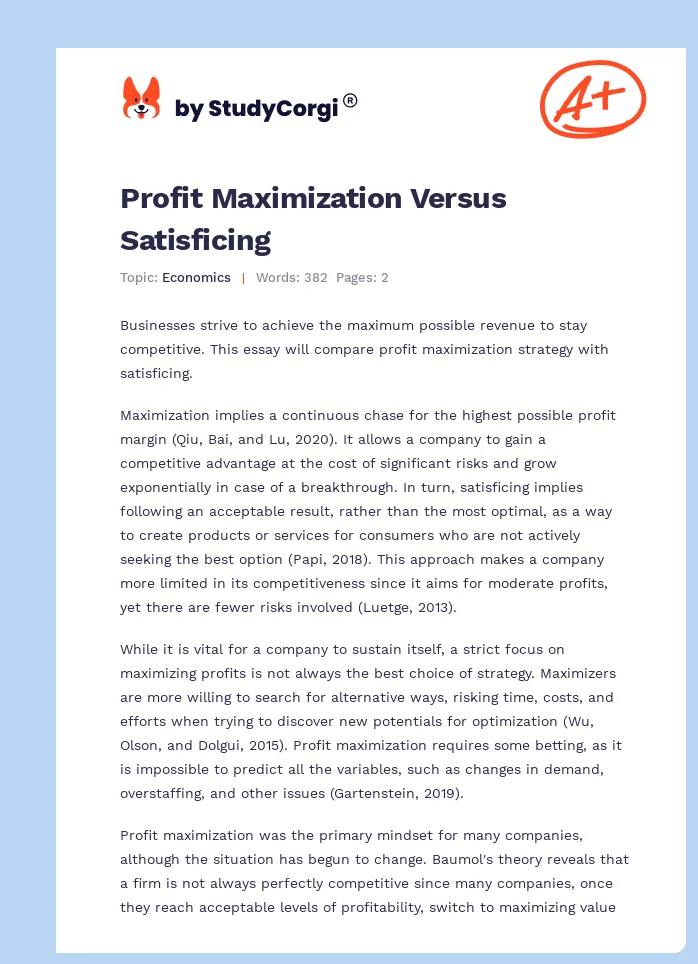Profit Maximization Versus Satisficing. Page 1