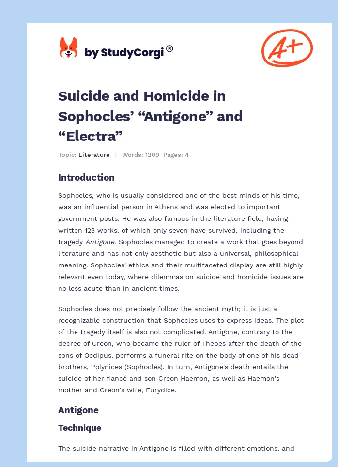 Suicide and Homicide in Sophocles’ “Antigone” and “Electra”. Page 1
