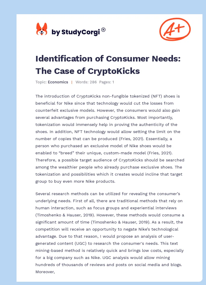 Identification of Consumer Needs: The Case of CryptoKicks. Page 1