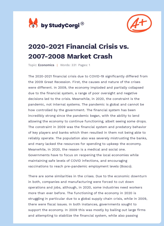 2020-2021 Financial Crisis vs. 2007-2008 Market Crash. Page 1