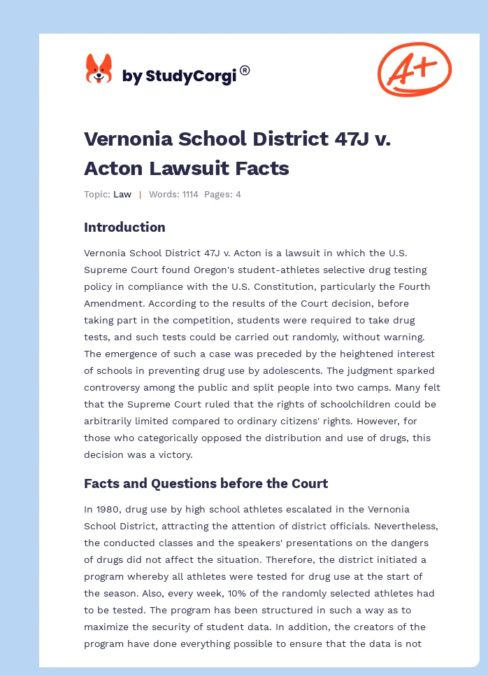 Vernonia School District 47J v. Acton Lawsuit Facts. Page 1