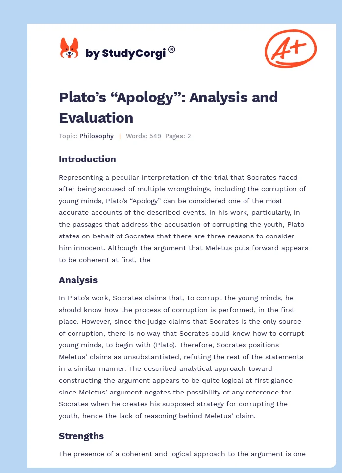 Plato’s “Apology”: Analysis and Evaluation. Page 1
