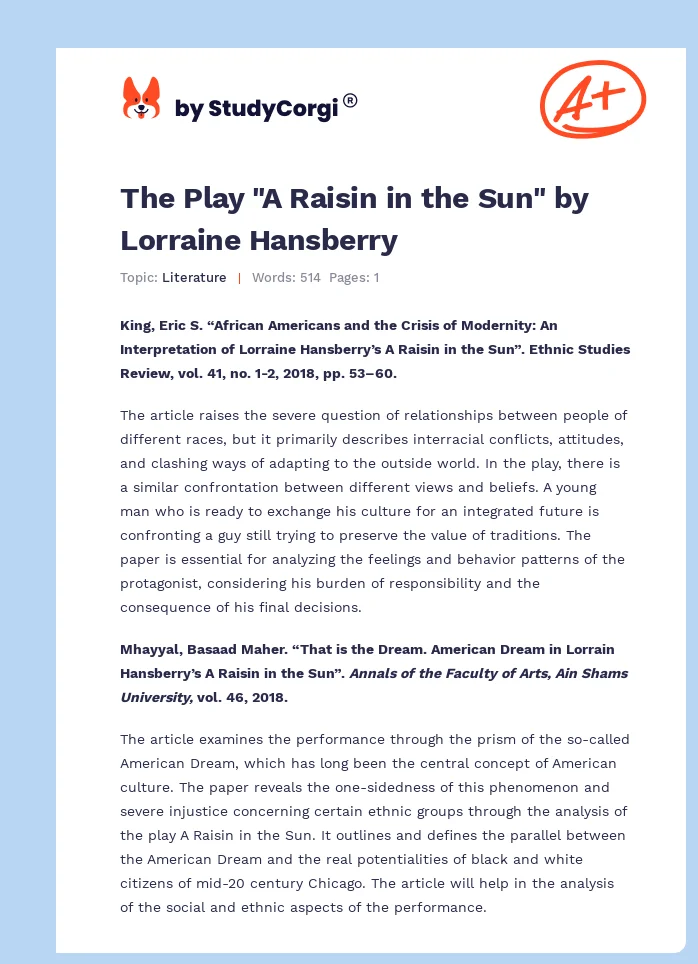 The Play "A Raisin in the Sun" by Lorraine Hansberry. Page 1