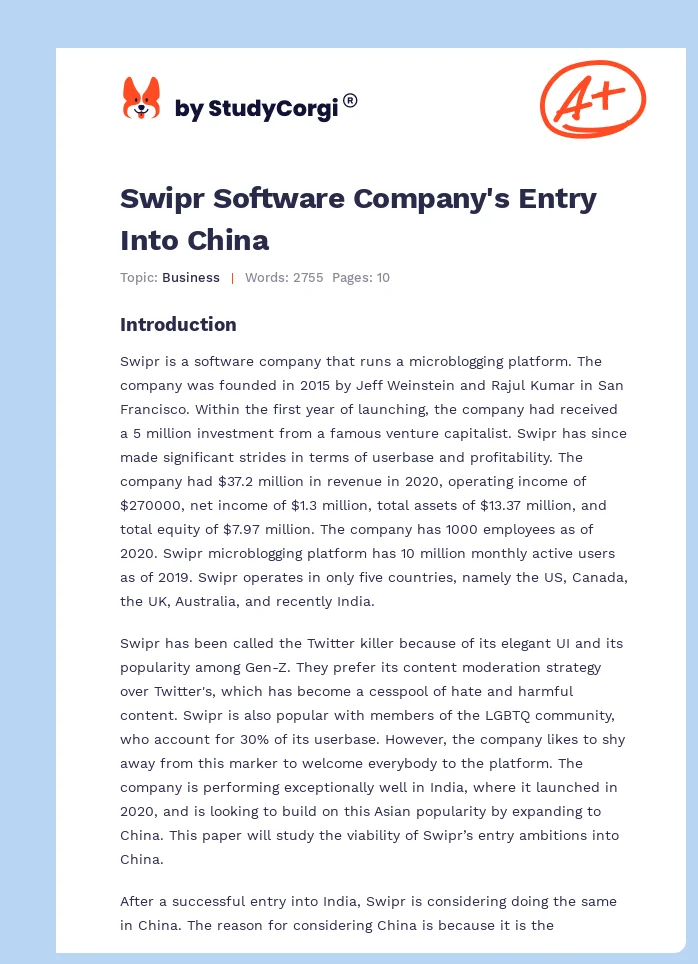 Swipr Software Company's Entry Into China. Page 1