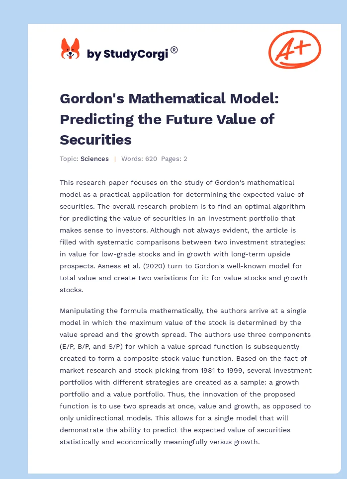 Gordon's Mathematical Model: Predicting the Future Value of Securities. Page 1