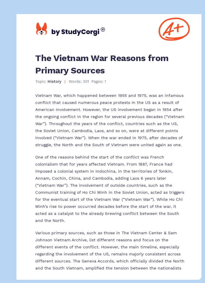 The Vietnam War Reasons from Primary Sources. Page 1