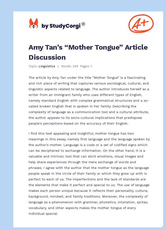 Amy Tan’s “Mother Tongue” Article Discussion. Page 1
