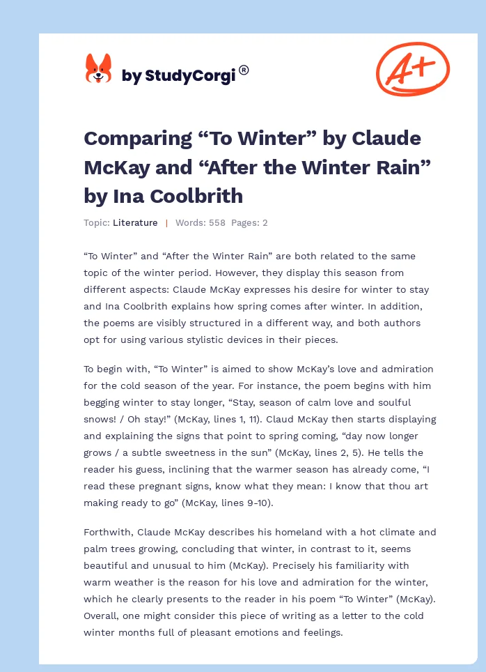 Comparing “To Winter” by Claude McKay and “After the Winter Rain” by Ina Coolbrith. Page 1