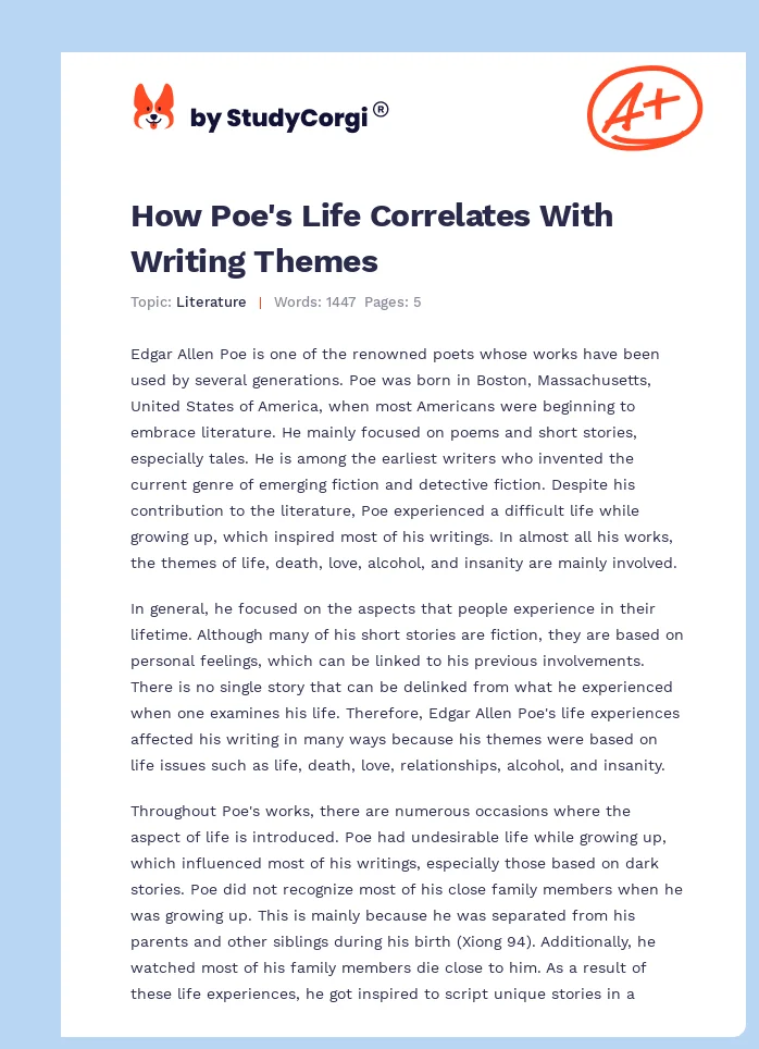 How Poe's Life Correlates With Writing Themes. Page 1