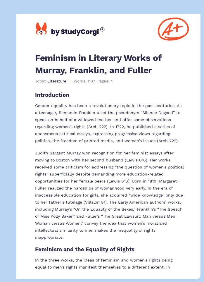Feminism in Literary Works of Murray, Franklin, and Fuller. Page 1