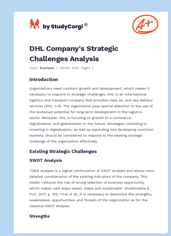 DHL Company's Strategic Challenges Analysis. Page 1
