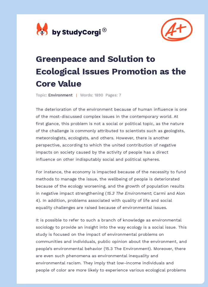 Greenpeace and Solution to Ecological Issues Promotion as the Core Value. Page 1