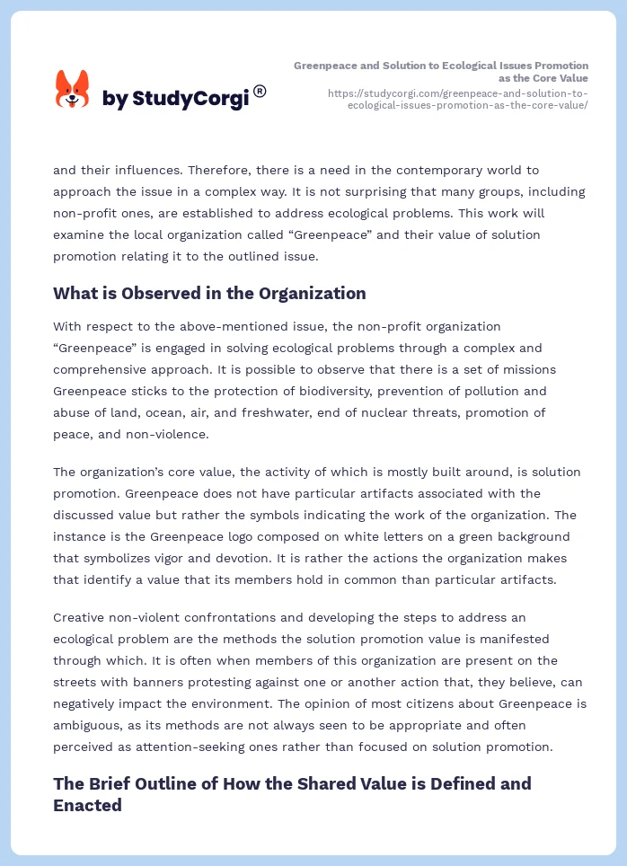 Greenpeace and Solution to Ecological Issues Promotion as the Core Value. Page 2