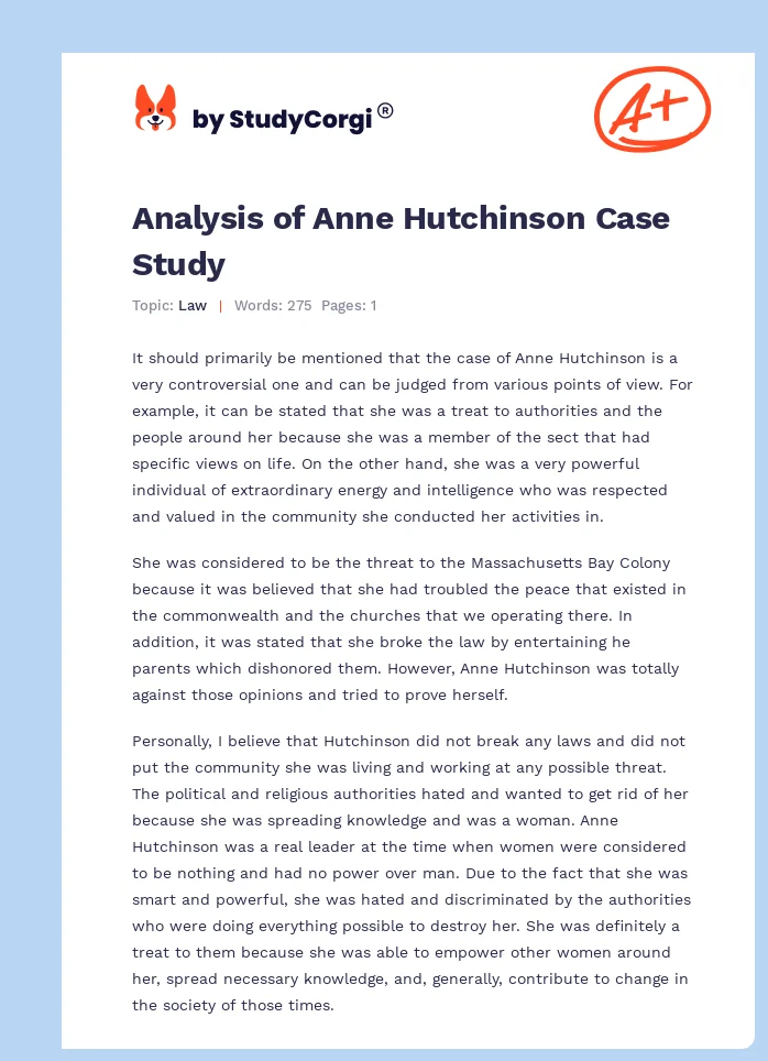 Analysis of Anne Hutchinson Case Study. Page 1