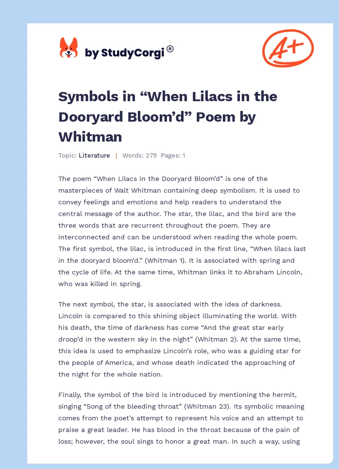 Symbols in “When Lilacs in the Dooryard Bloom’d” Poem by Whitman. Page 1