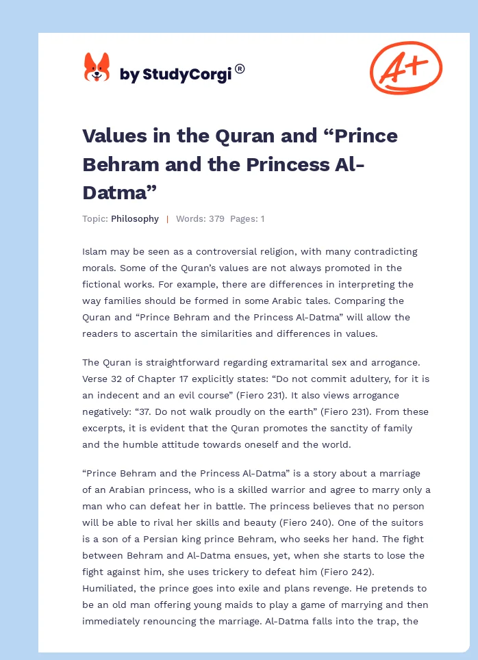 Values in the Quran and “Prince Behram and the Princess Al-Datma”. Page 1
