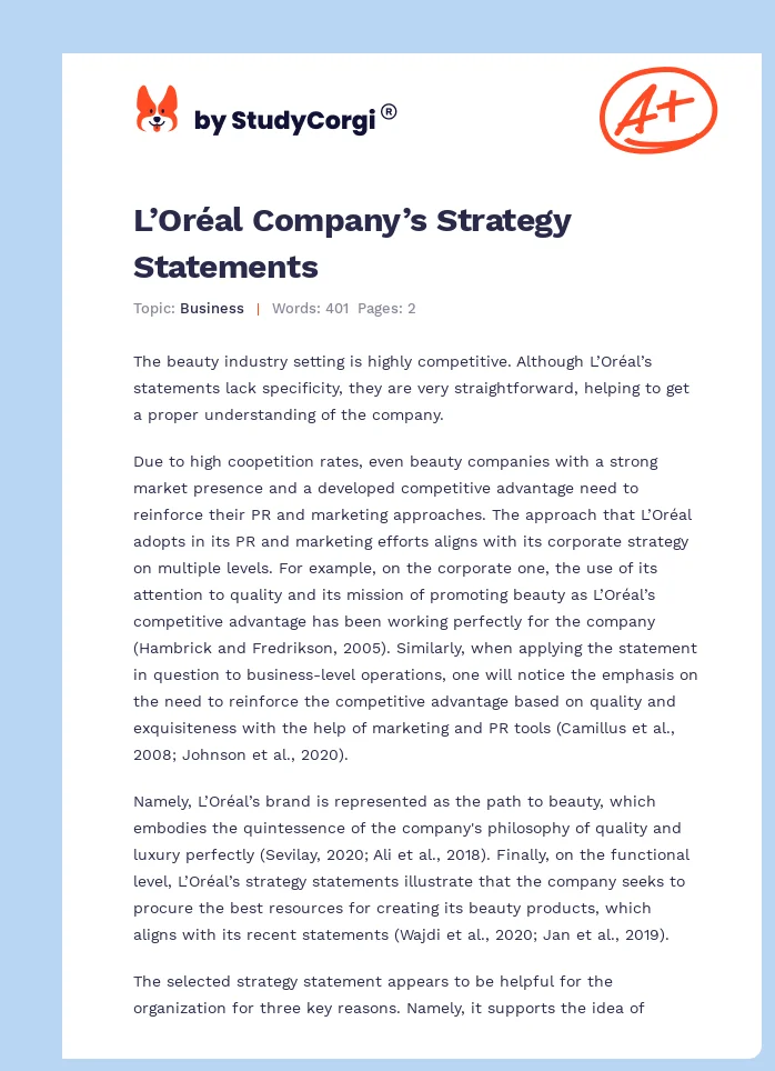L’Oréal Company’s Strategy Statements. Page 1