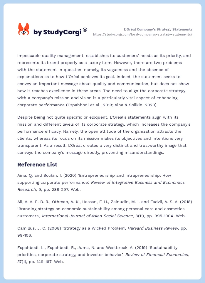 L’Oréal Company’s Strategy Statements. Page 2