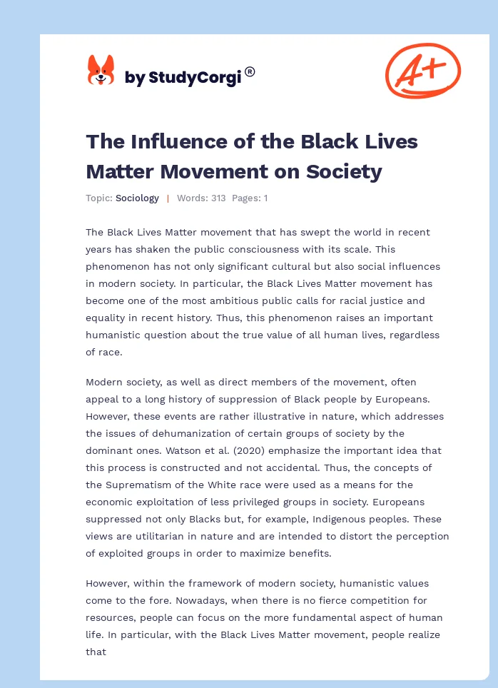 The Influence of the Black Lives Matter Movement on Society. Page 1