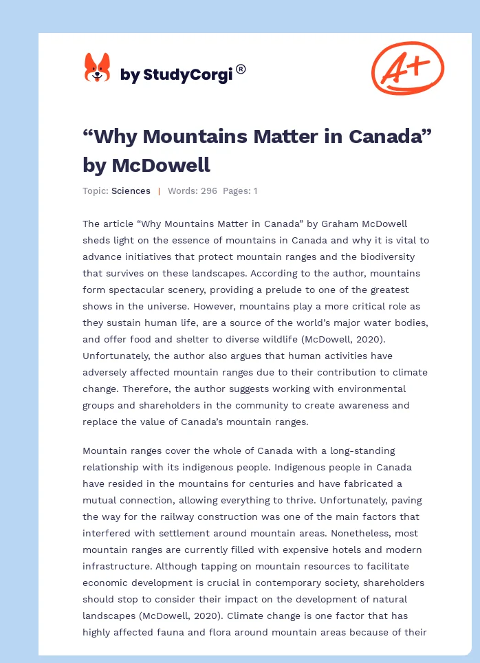 “Why Mountains Matter in Canada” by McDowell. Page 1