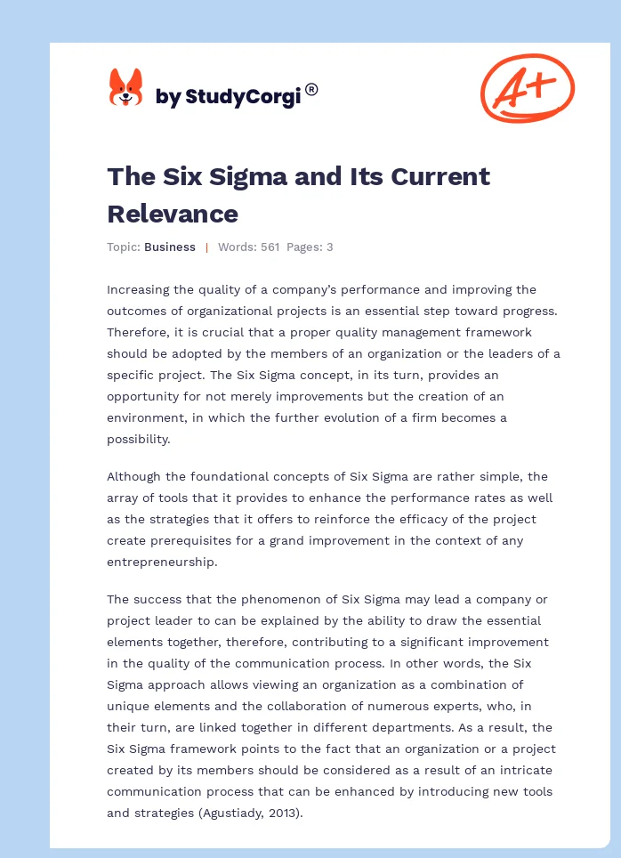The Six Sigma and Its Current Relevance. Page 1