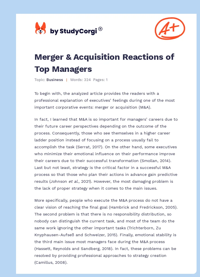 Merger & Acquisition Reactions of Top Managers. Page 1