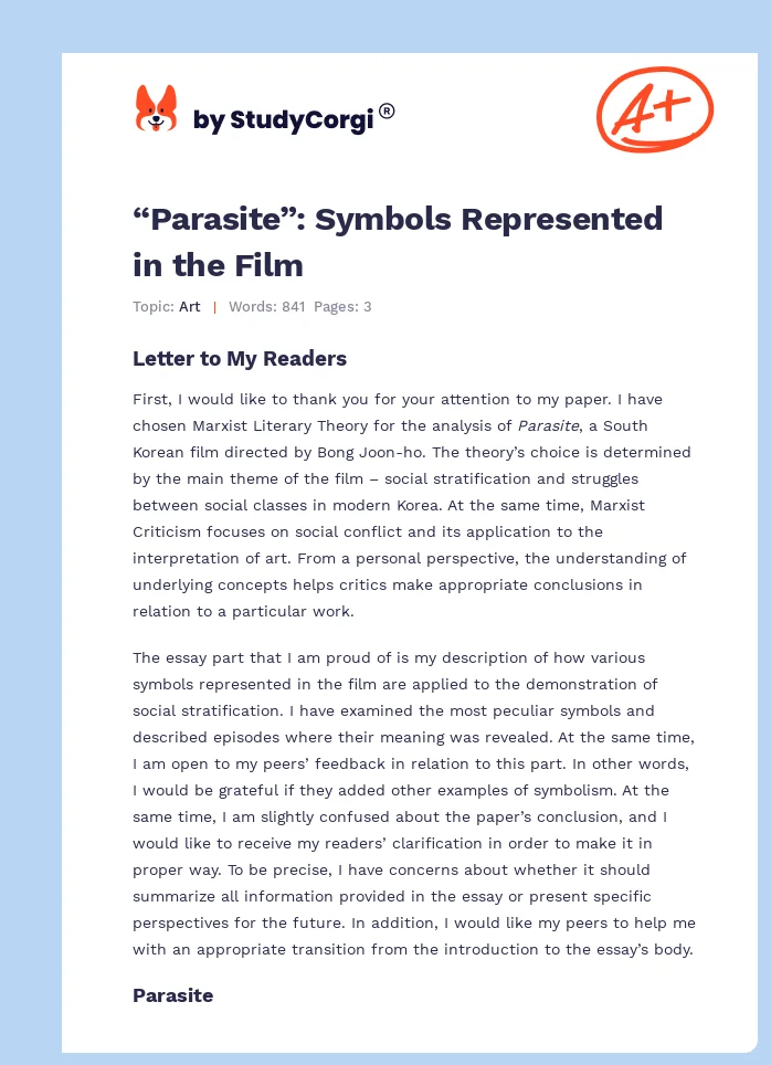 “Parasite”: Symbols Represented in the Film. Page 1