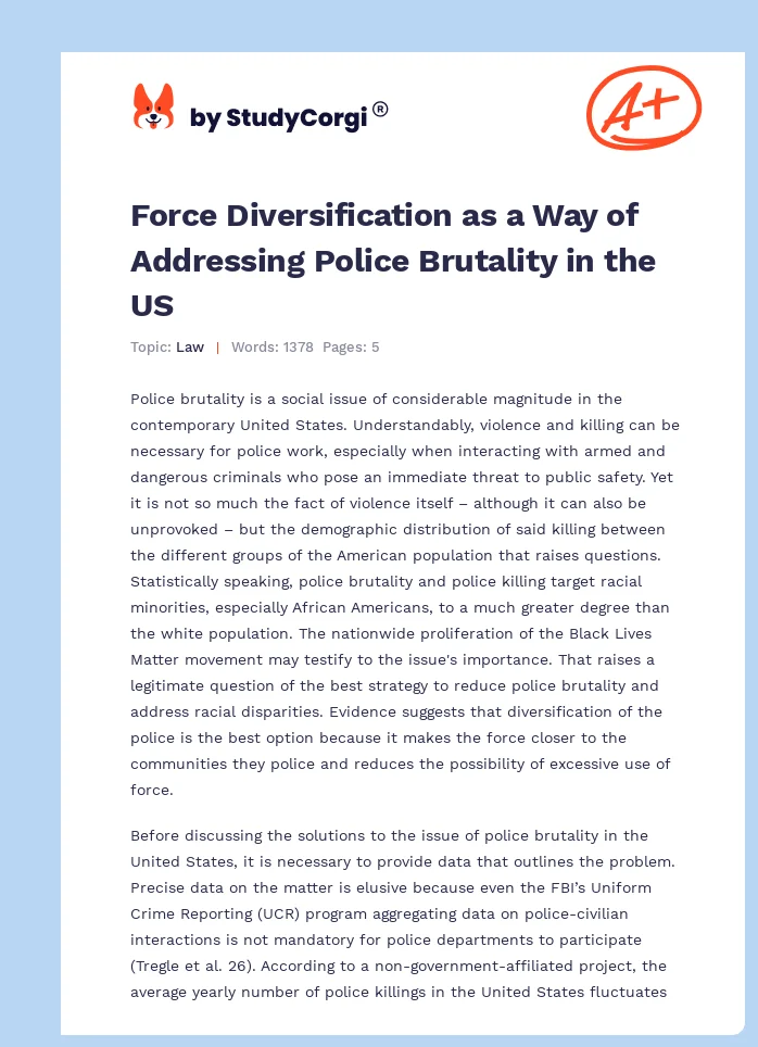 Force Diversification as a Way of Addressing Police Brutality in the US. Page 1