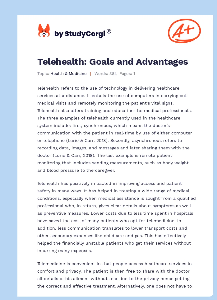 Telehealth: Goals and Advantages. Page 1
