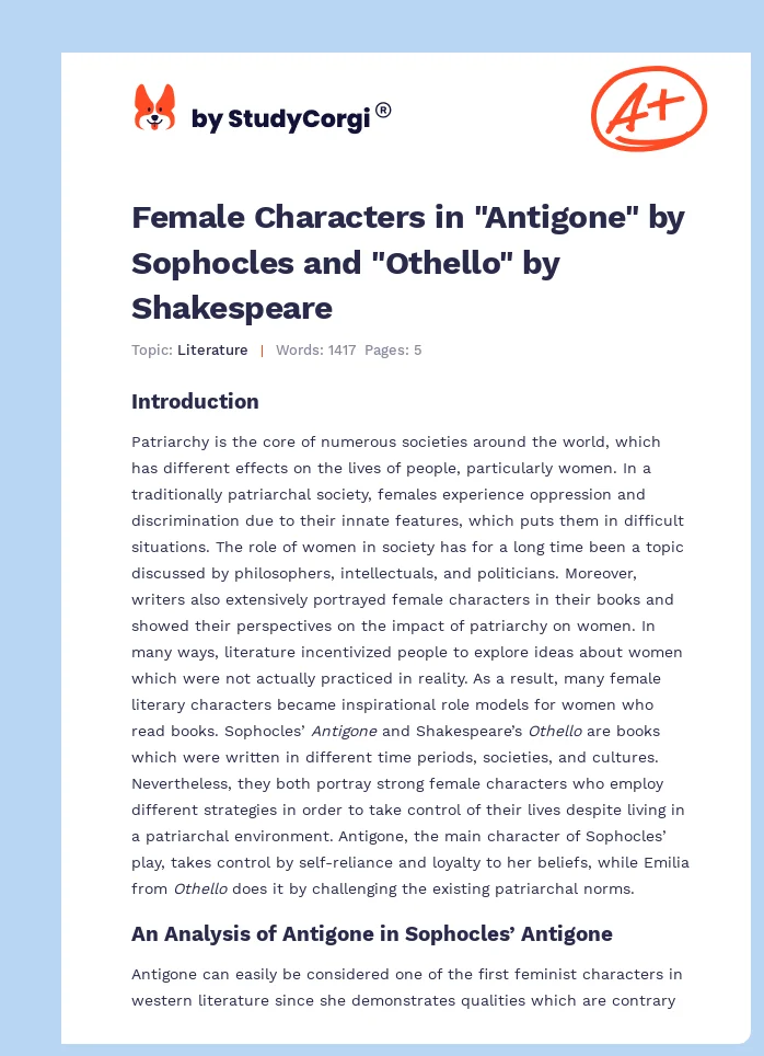 Female Characters in "Antigone" by Sophocles and "Othello" by Shakespeare. Page 1