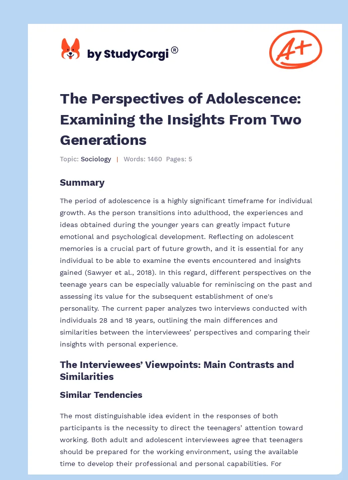 The Perspectives of Adolescence: Examining the Insights From Two Generations. Page 1