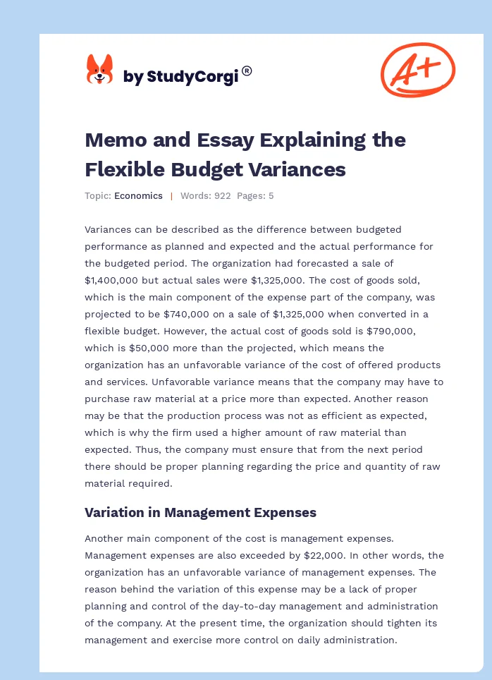 Memo and Essay Explaining the Flexible Budget Variances. Page 1