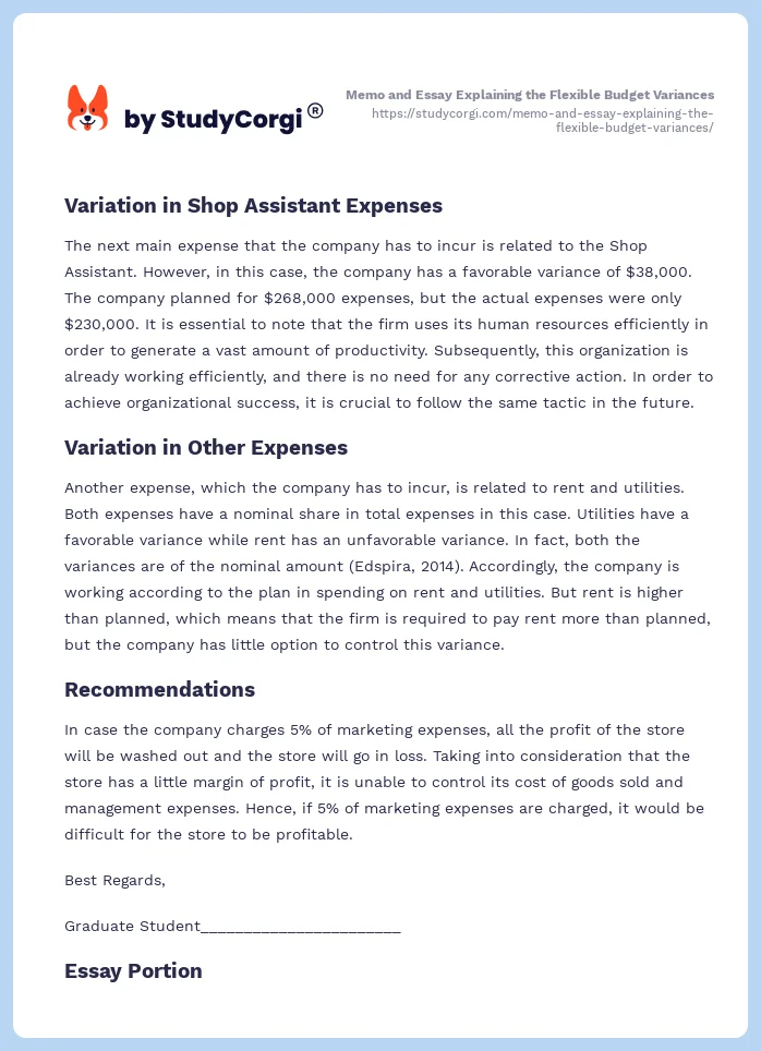 Memo and Essay Explaining the Flexible Budget Variances. Page 2