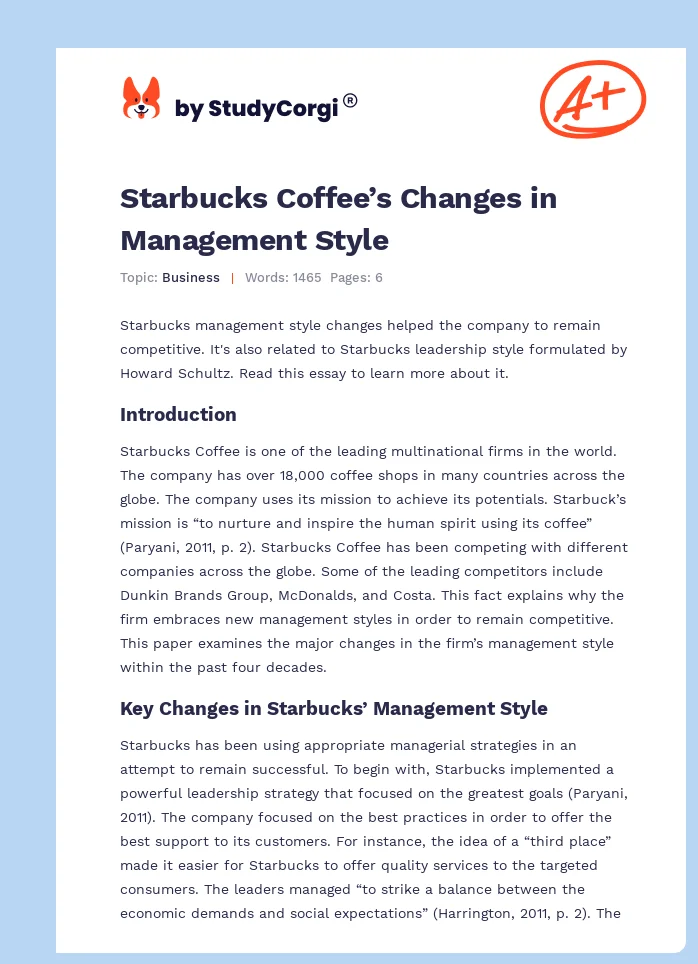 Starbucks Coffee’s Changes in Management Style. Page 1