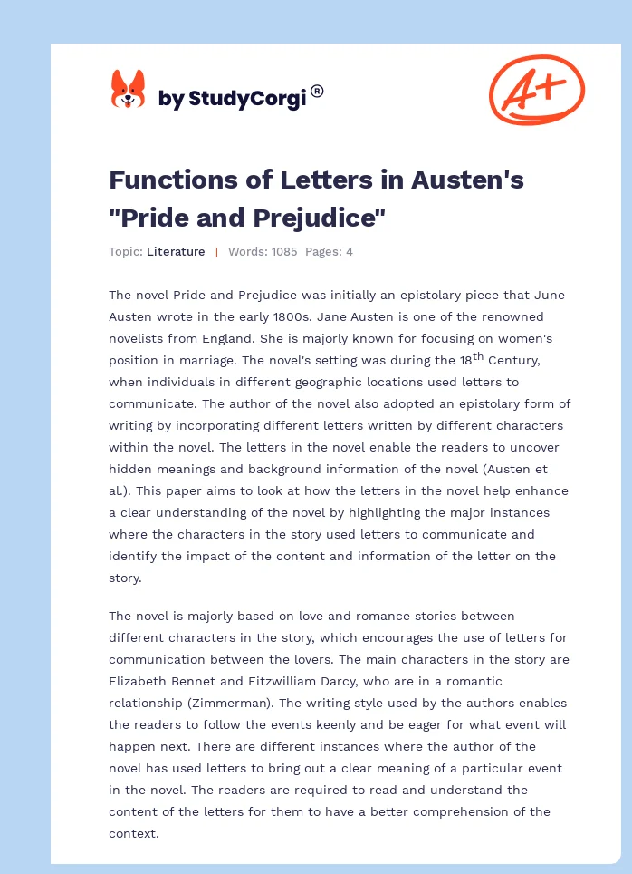 Functions of Letters in Austen's "Pride and Prejudice". Page 1