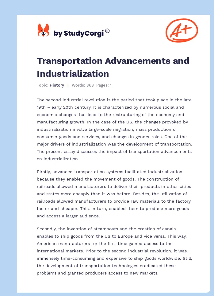 Transportation Advancements and Industrialization. Page 1