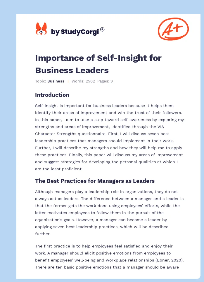 Importance of Self-Insight for Business Leaders. Page 1