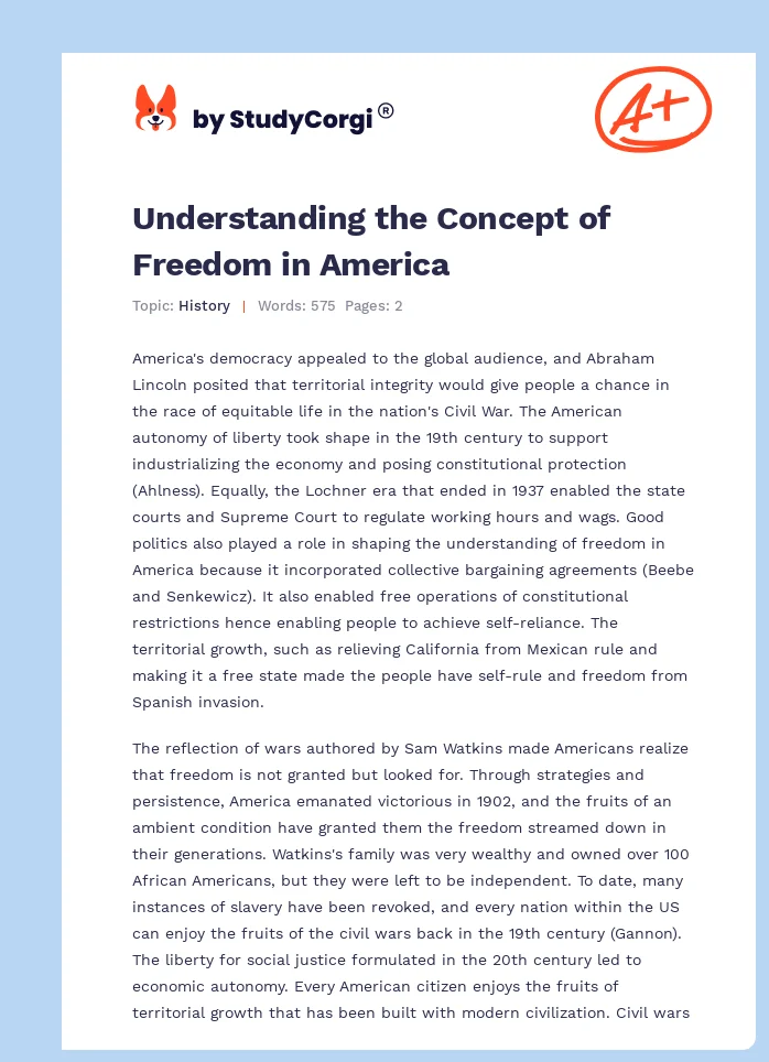 Understanding the Concept of Freedom in America. Page 1